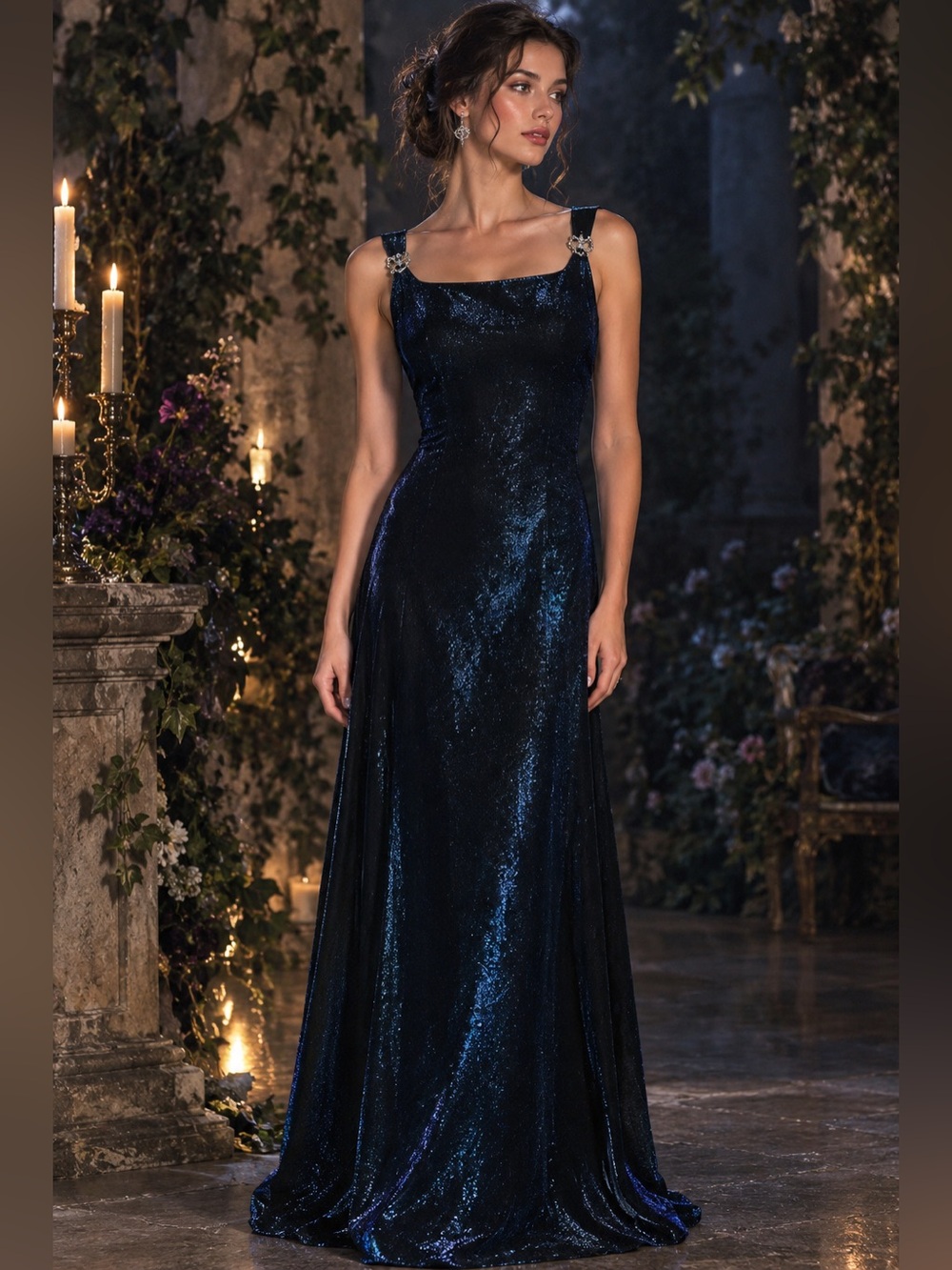 Betsy & Adam Dark Navy Formal Evening Gown Decorative Strap Fairygoth Whimsigoth